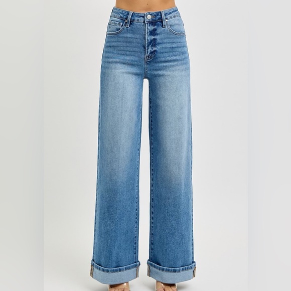 Risen Jeans Denim - OD68- MEDIUM PLUS Risen Tummy Control High Rise Wide Cuffed Jeans